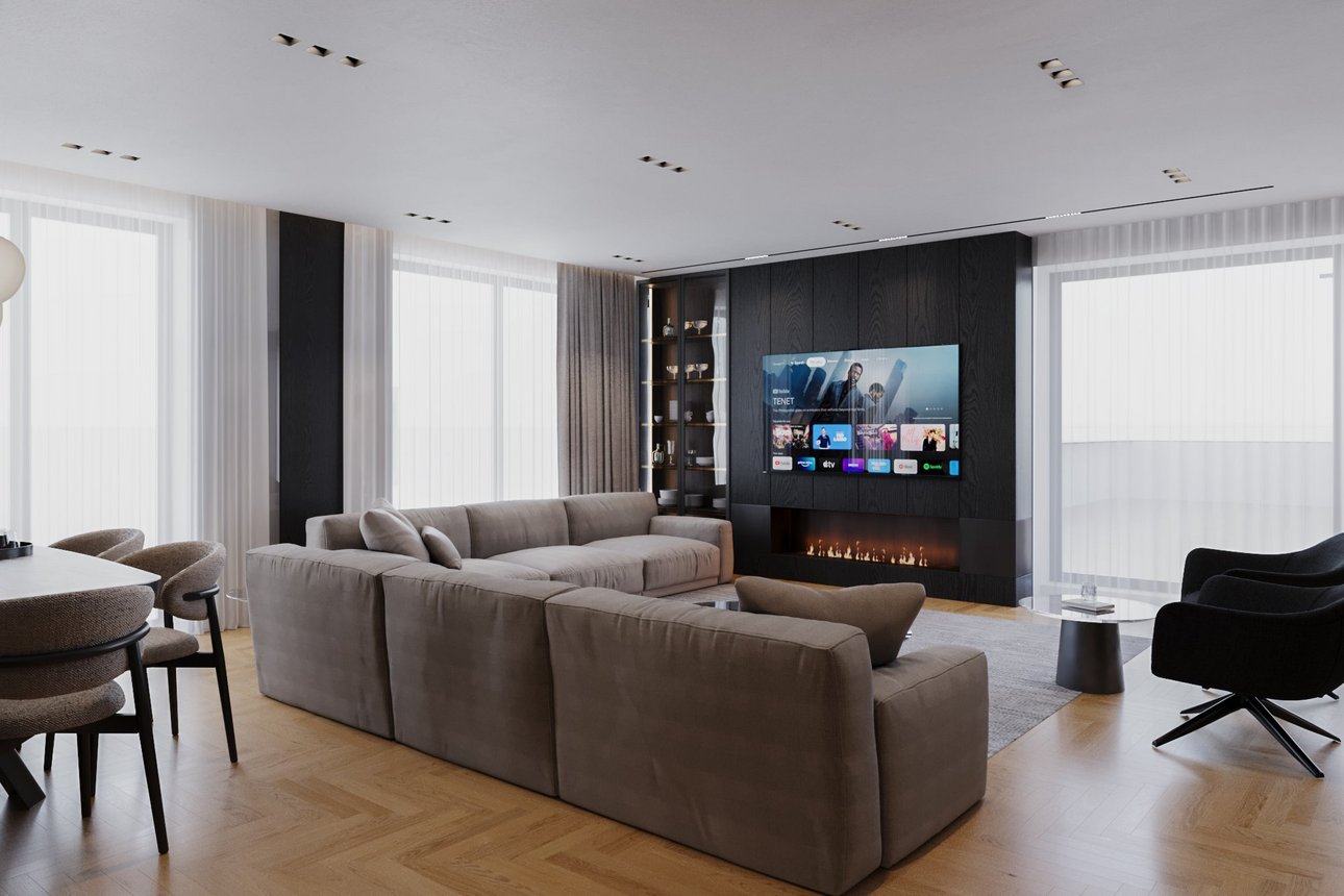 Rendering eines gemütlichen Wohnzimmers mit Sofa